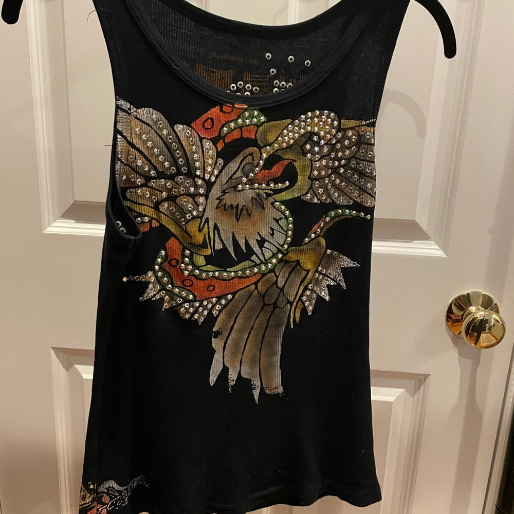 The Great China Wall black cotton sleeveless Tee Shirt embellished with crystals